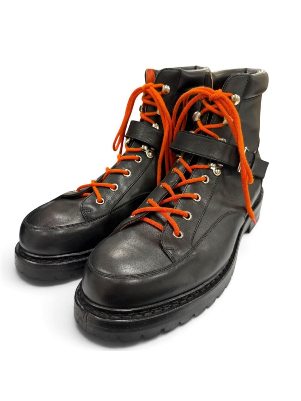 Hermes Leather Silver Logo with Patch Lace-up Hiking Boots Black Orange